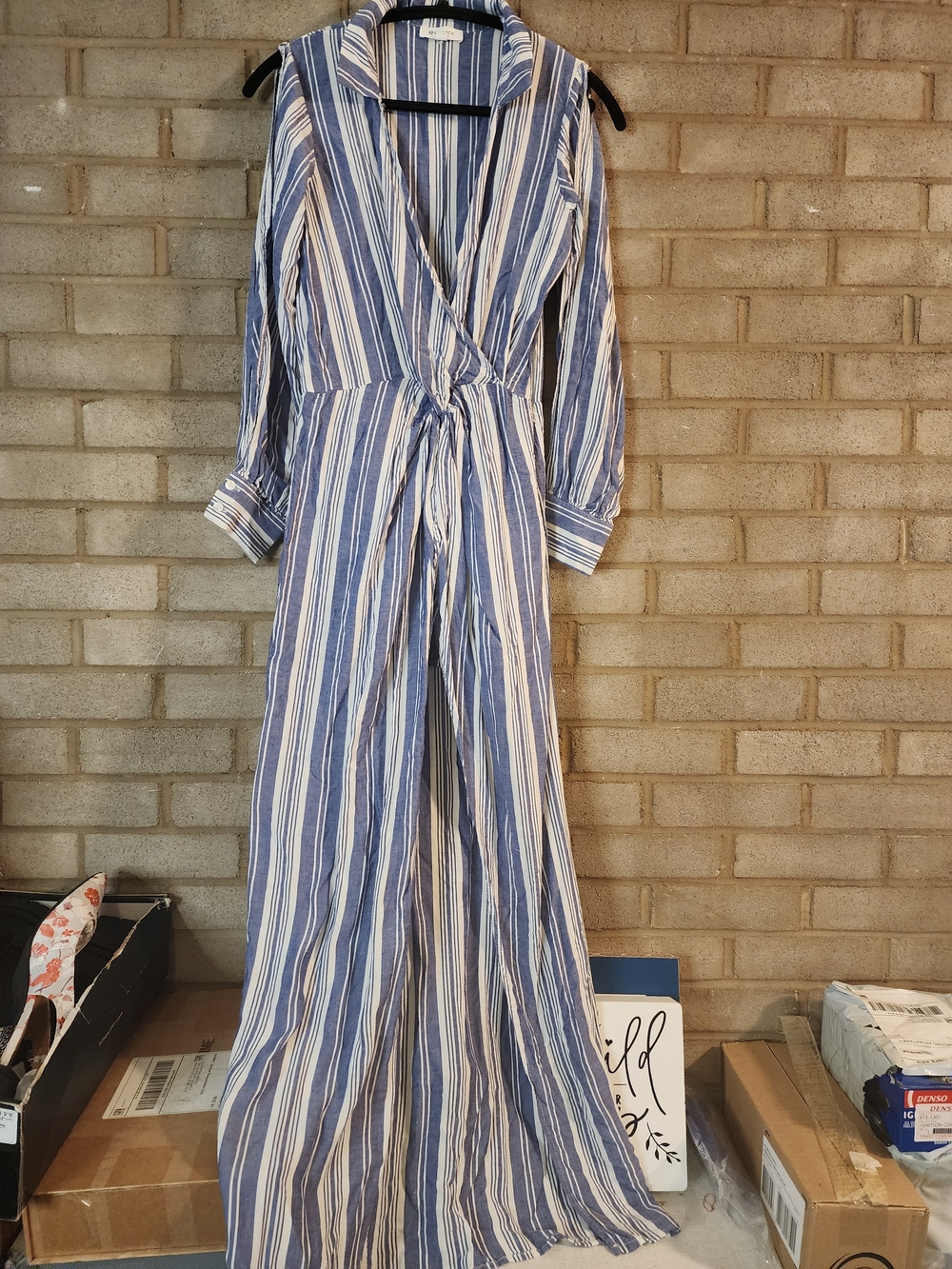 Balance Blue and White Striped Women's Wrap Dress/ Cold Shoulder